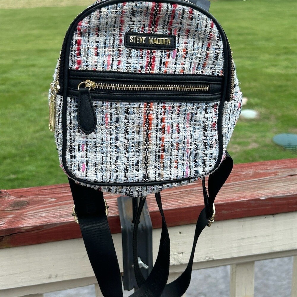 Steve Madden Mini Backpack Multicolor Plaid Gold Hardware Tassel Charm